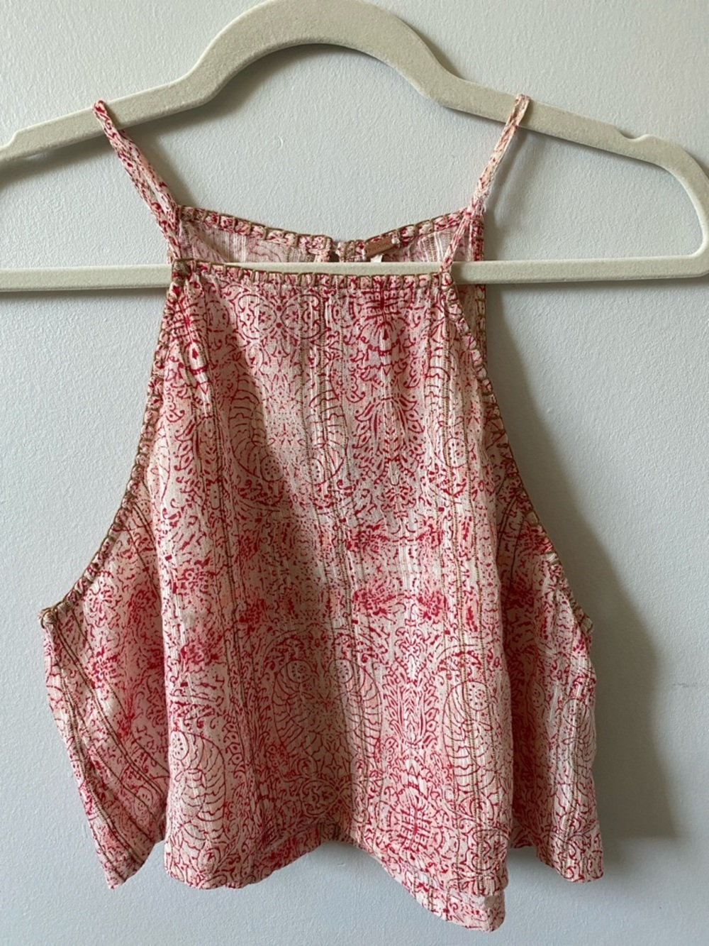 FREE People 100% Cotton Red and Cream Boho Printed Halter Crop Tank Top M